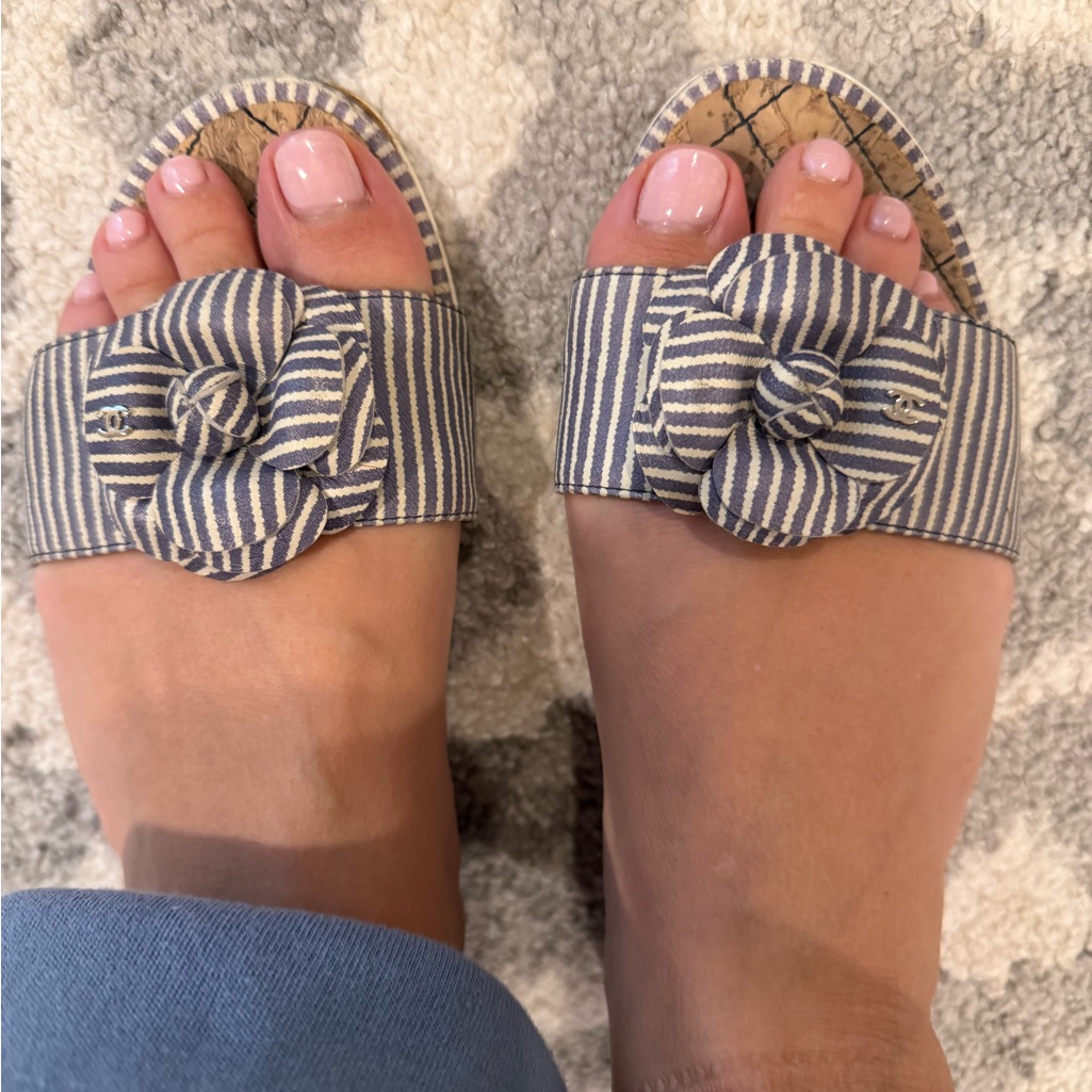 Chanel Blue And White Striped Camellia Slide Sandals